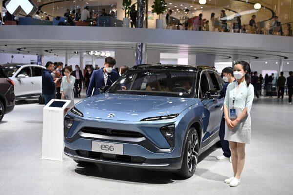 Nio cars are displayed during the 19th Shanghai International Automobile Industry Exhibition in Shanghai on April 19, 2021. (Hector Retamal/AFP via Getty Images)