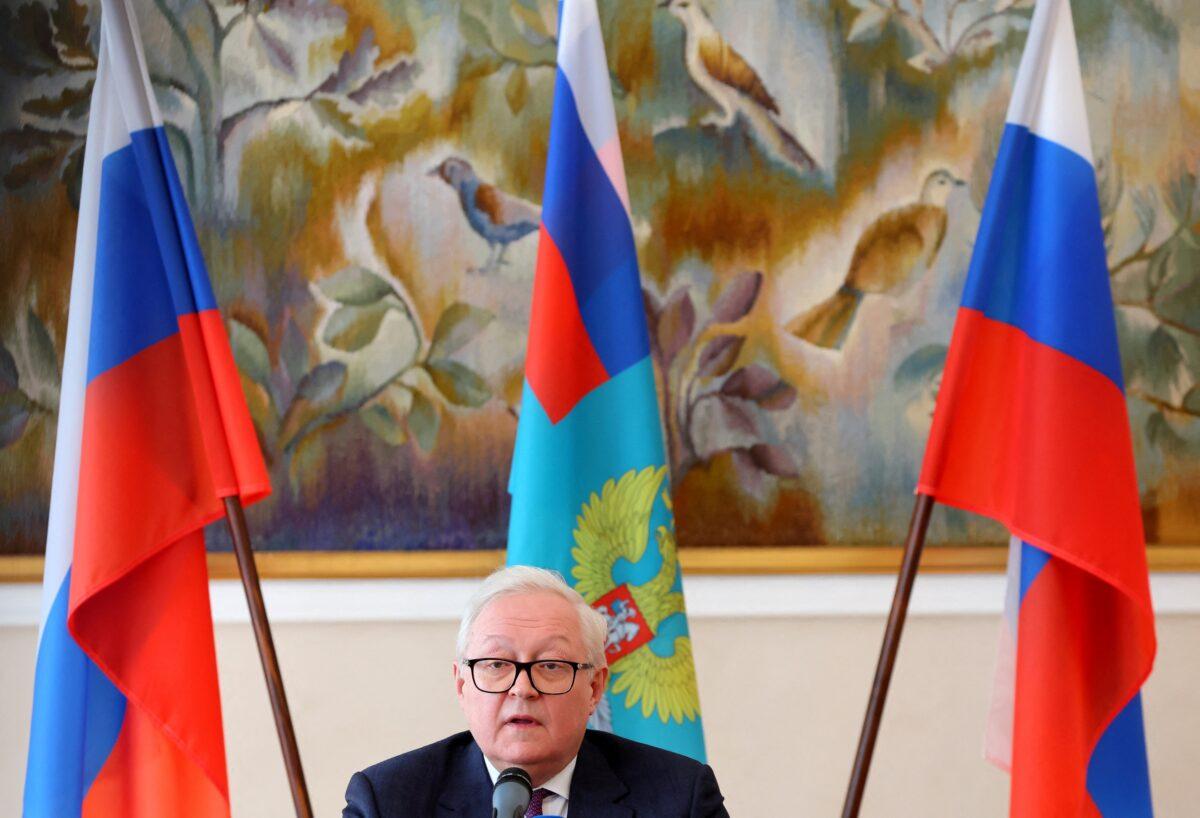 Russian Deputy Foreign Minister Sergey Ryabkov speaks at a news conference after his speech at the Conference on Disarmament at the United Nations in Geneva on March 2, 2023. (Denis Balibouse/Reuters)