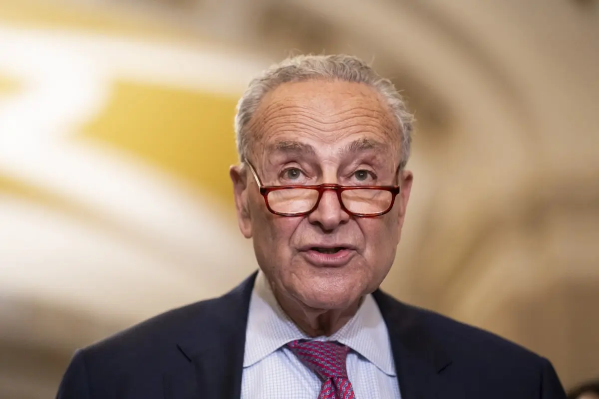 Sen. Chuck Schumer (D-N.Y.) speaks during the weekly Senate presser in the U.S. Capitol building in Washington on July 9, 2024.(Madalina Vasiliu/The Epoch Times)