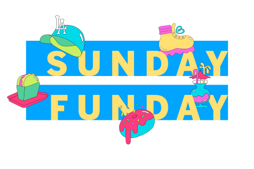 sunday funday infobox logo with spot illustrations in blue, yellow, and green