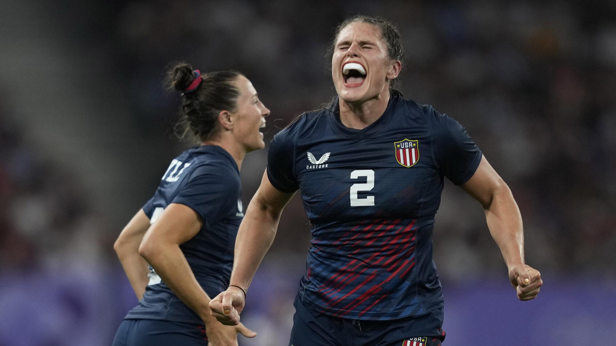 United States' Ilona Maher celebrates after winning their women's quarterfinal Rugby Sevens match.