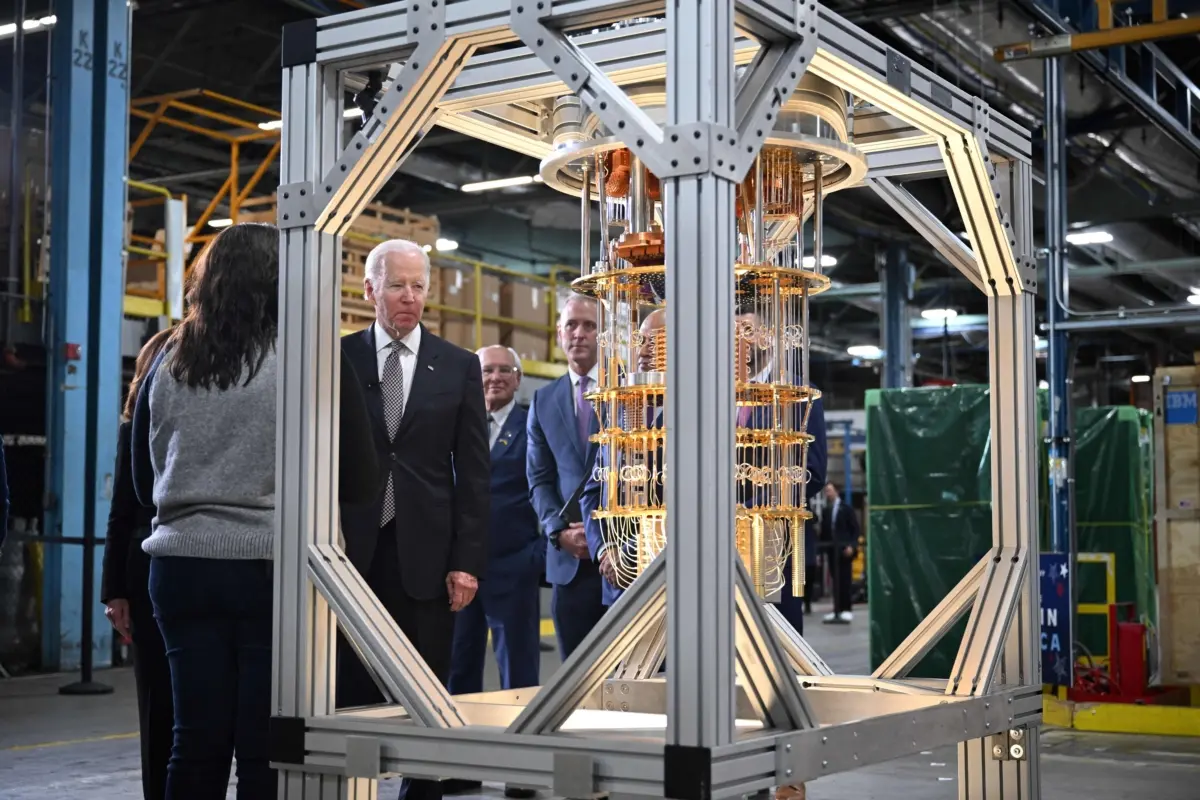 President Joe Biden looks at a quantum computer as he tours the IBM facility in Poughkeepsie, N.Y., on Oct. 6, 2022. (Mandel Ngan/AFP via Getty Images)