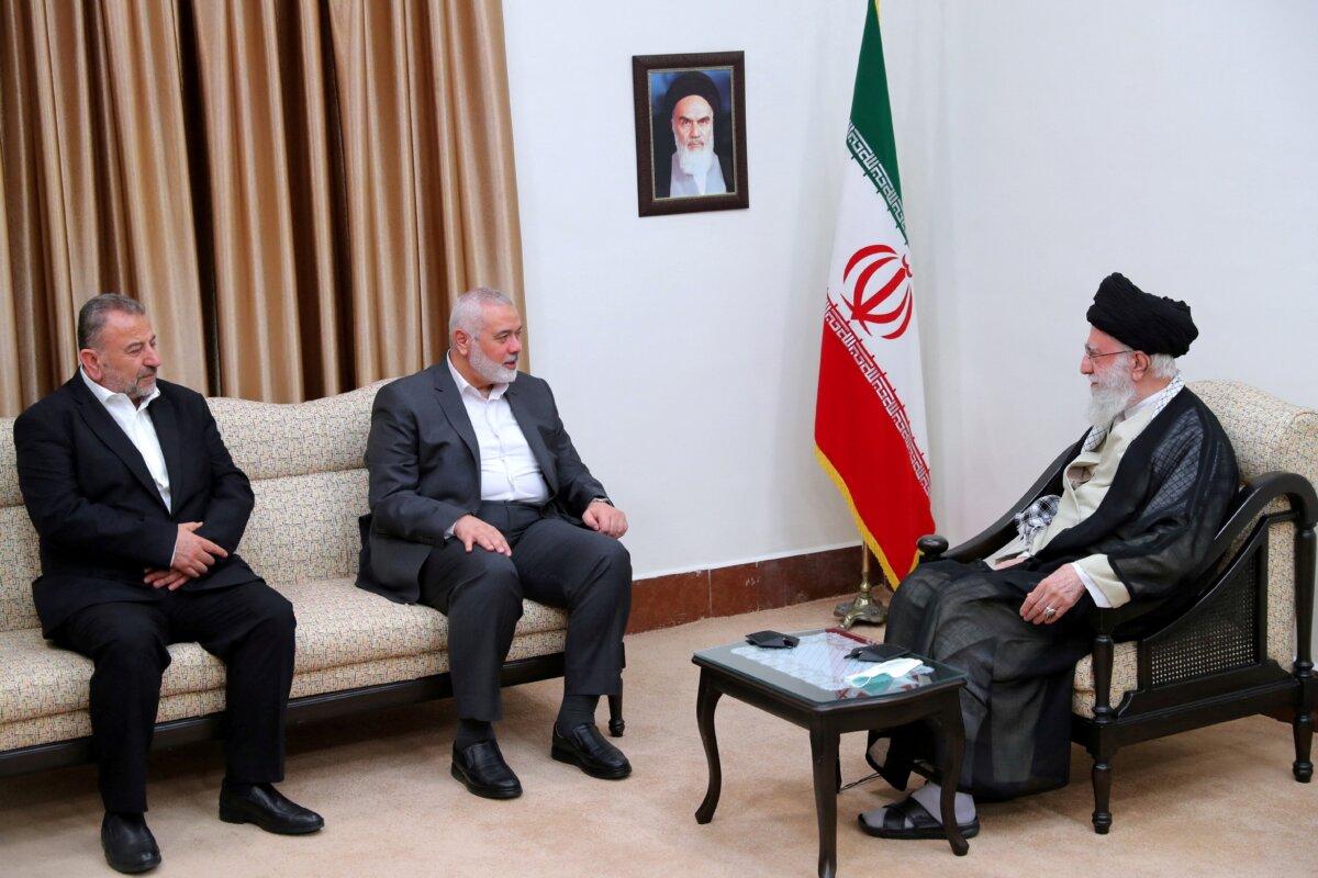 Iran's Supreme Leader Ayatollah Ali Khamenei meets with Palestinian group Hamas' top leader, Ismail Haniyeh, in Tehran, Iran, on June 21, 2023. (Office of the Iranian Supreme Leader/WANA/Reuters)