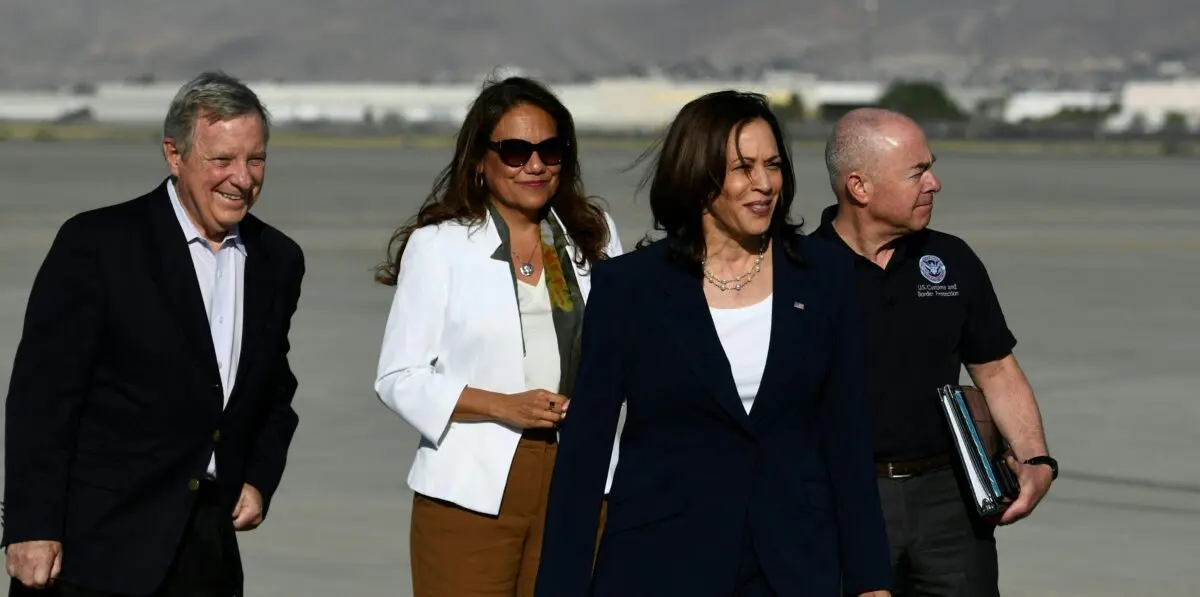 Vice President Kamala Harris is welcomed by Homeland Security Secretary Alejandro Mayorkas (R), Sen. Dick Durbin (D-Ill.) (L), and Rep. Veronica Escobar (D-Texas) (2nd-L), upon arrival at El Paso International Airport, in Texas on June 25, 2021. (Patrick T. Fallon/AFP via Getty Images)