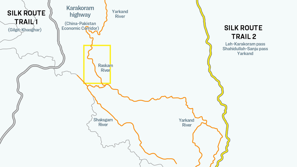 This map shows the location of the Karakoram Highway vis-a-vis the Raskam Valley and the Shaksgam Valley, and the location of the Trans-Karakoram Tract with respect to the trails of the ancient Silk Road. Trail 1, between Gilgit and Khasgha, roughly followed the ancient grand trunk road to the Indian subcontinent. Meanwhile, Trail 2 went from Leh to Yarkhand. From Leh through Himachal Pradesh, it went across the Himalayas and to other towns in India. China used Trail 1 to build the Karakoram Highway.  (Illustration by The Epoch Times / Shutterstock)