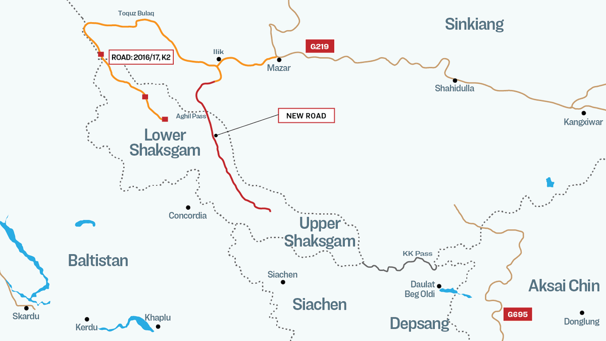 A new road built by China in the Shaksgam Valley branches out from G219 (that connects Xinjiang to Tibet) and disappears 50 miles north of India’s northernmost administered point, Indira Col, in Siachen Glacier. (Illustration by The Epoch Times / Shutterstock)