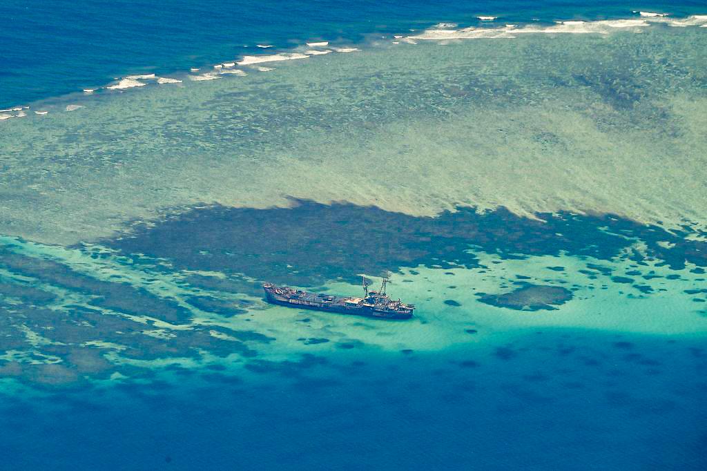 The deliberately grounded Philippine ship <em>BRP Sierra Madre</em> is shown serving as a Philippine outpost on the Second Thomas Shoal in the South China Sea on March 9, 2023. (Jam Sta Rosa/AFP via Getty Images)