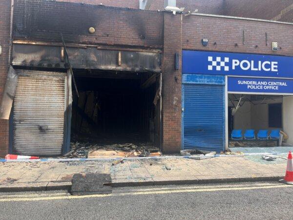 A fire-damaged Citizen's Advice Bureau office as local people prepare to take part in clean-up efforts after disorder broke out on the night before in Sunderland during protests in the wake of the Southport stabbings, in England on Aug. 3, 2024. (Tom Wilkinson/PA Wire)