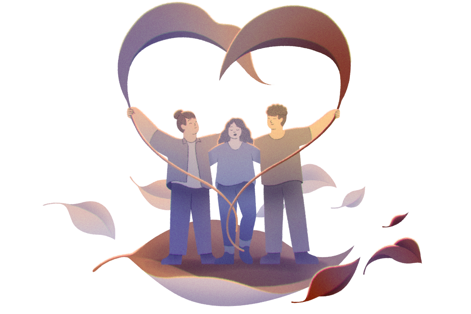 Three friendly figures underneath leaves making a heart shape.