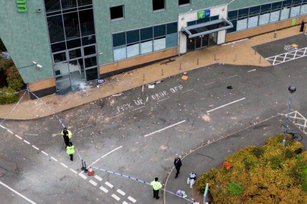 A drone's eye view of the aftermath of a riot at a Holiday Inn Express hotel in Tamworth, England, on Aug. 5, 2024. (Jacob King/PA Wire)