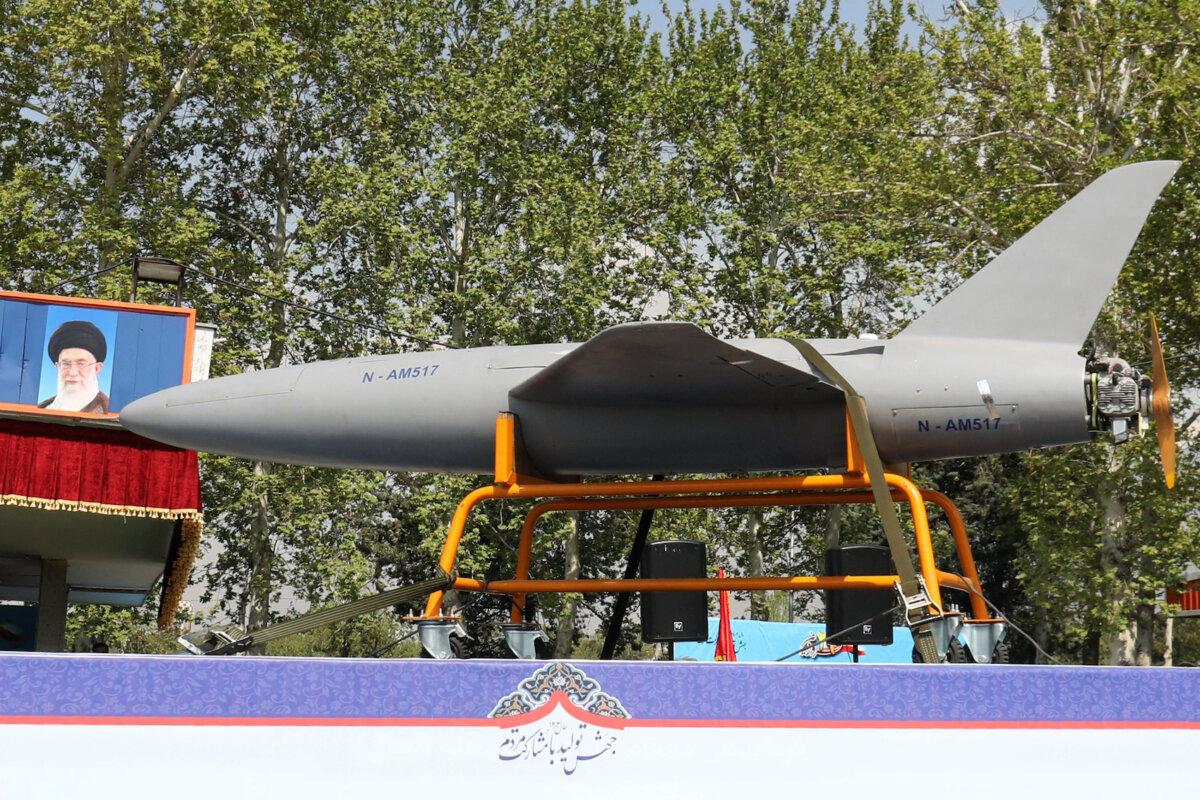 An Iranian military truck carries an Arash drone during a military parade as part of a ceremony marking the country's annual army day in Tehran on April 17, 2024. (Atta Kenare/AFP via Getty Images)