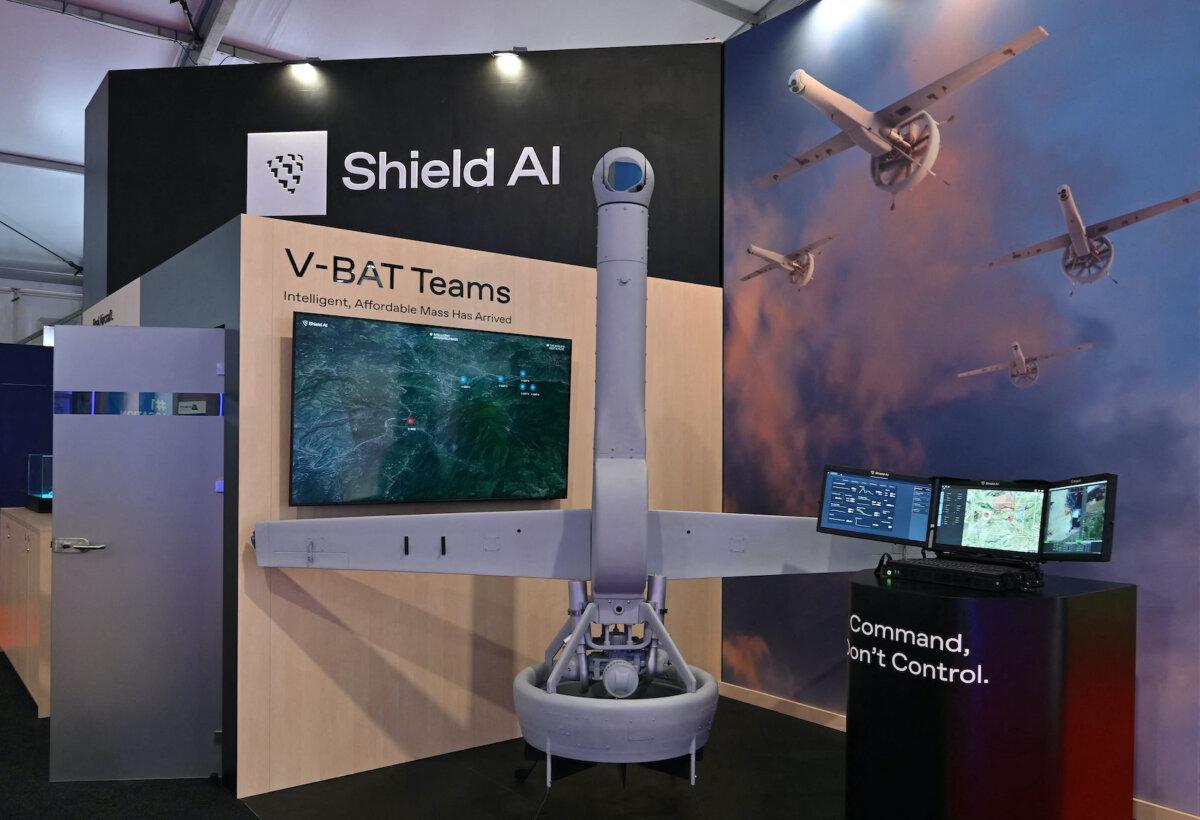 A Shield AI V-BAT Teams, a vertical take-off and lift (VTOL) Artificial Intelligence (AI) piloted Unmanned Aircraft System (UAS), on the opening day of the Farnborough International Airshow 2024, south west of London, on July 22, 2024. (Justin Tallis/AFP via Getty Images)