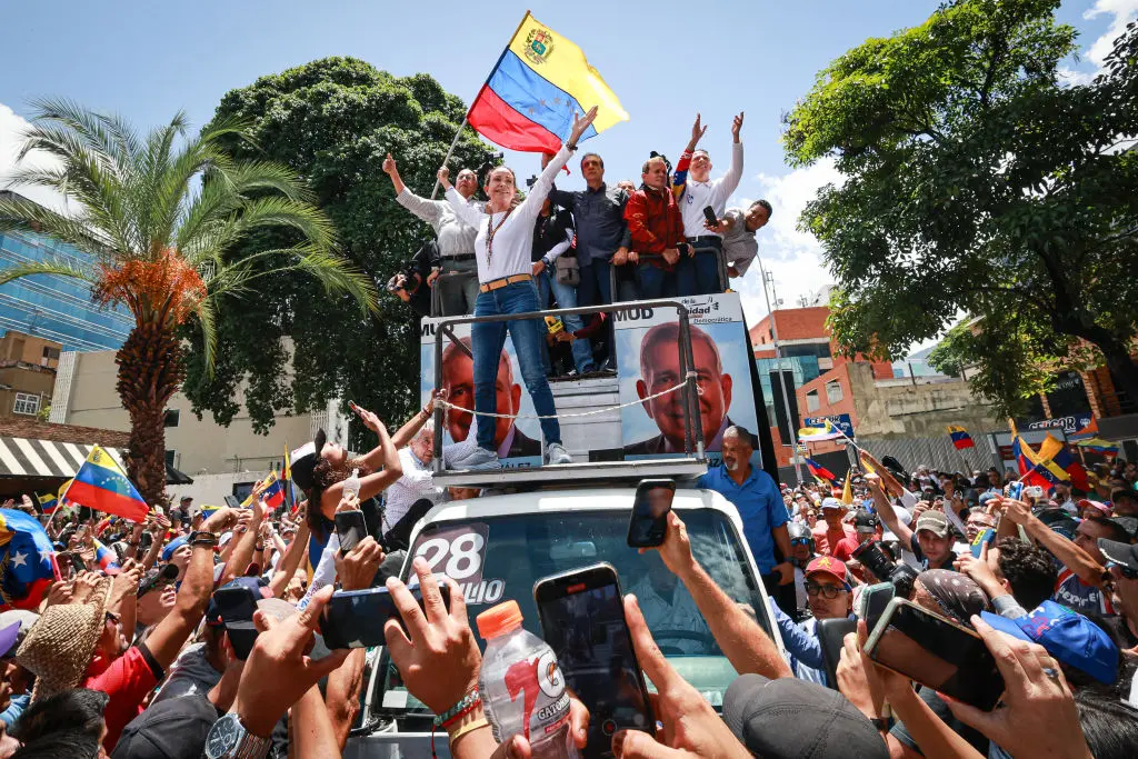 Opposition leader Maria Corina Machado, greets supporters during 'Ganó Venezuela' opposition protest on Aug. 3, 2024 in Caracas, Venezuela. (Jesus Vargas/Getty Images)