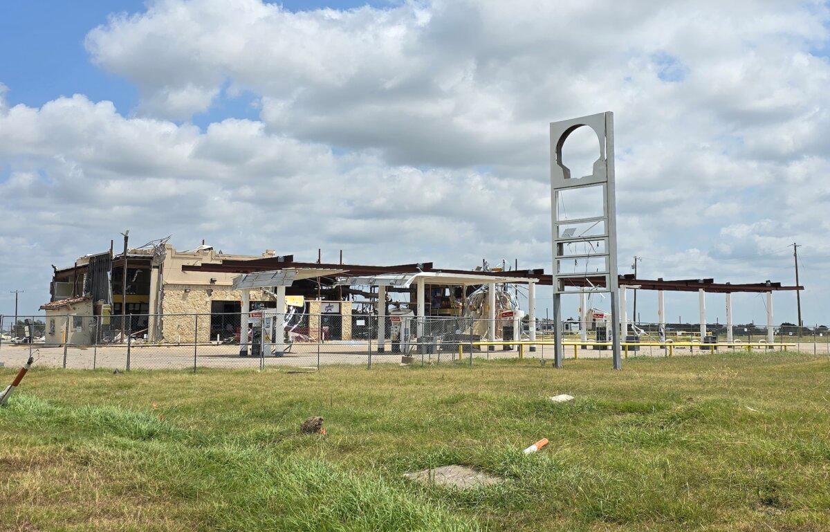 The Shell gas station off I-35 in Valley View, Tex., was destroyed by a tornado on May 25, 2024. Photo taken on July 29, 2024. (Allan Stein/The Epoch Times)