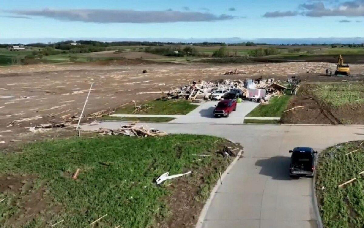 Drone video footage shows some of the damage wrought by tornadoes in Elkhorn, Neb., on April 27, 2024, in a still from a video. (CNN/Screenshot via NTD)