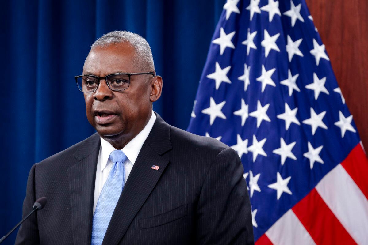 U.S. Secretary of Defense Lloyd Austin participates in a news briefing at the Pentagon in Arlington, Va., on July 25, 2024. (Alex Wong/Getty Images)