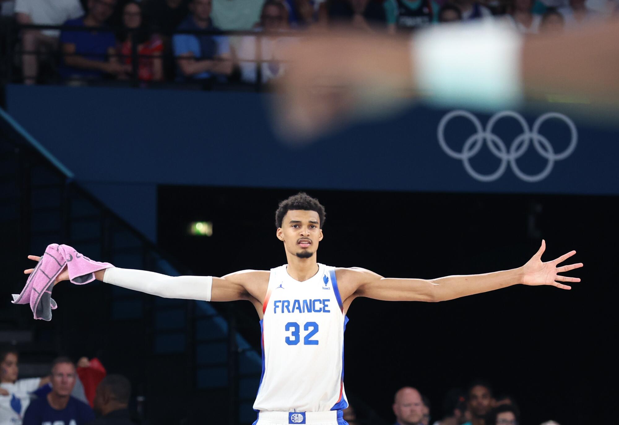 France's Victor Wembanyama reacts during a game against Canada at the 2024 Paris Olympics on Monday.