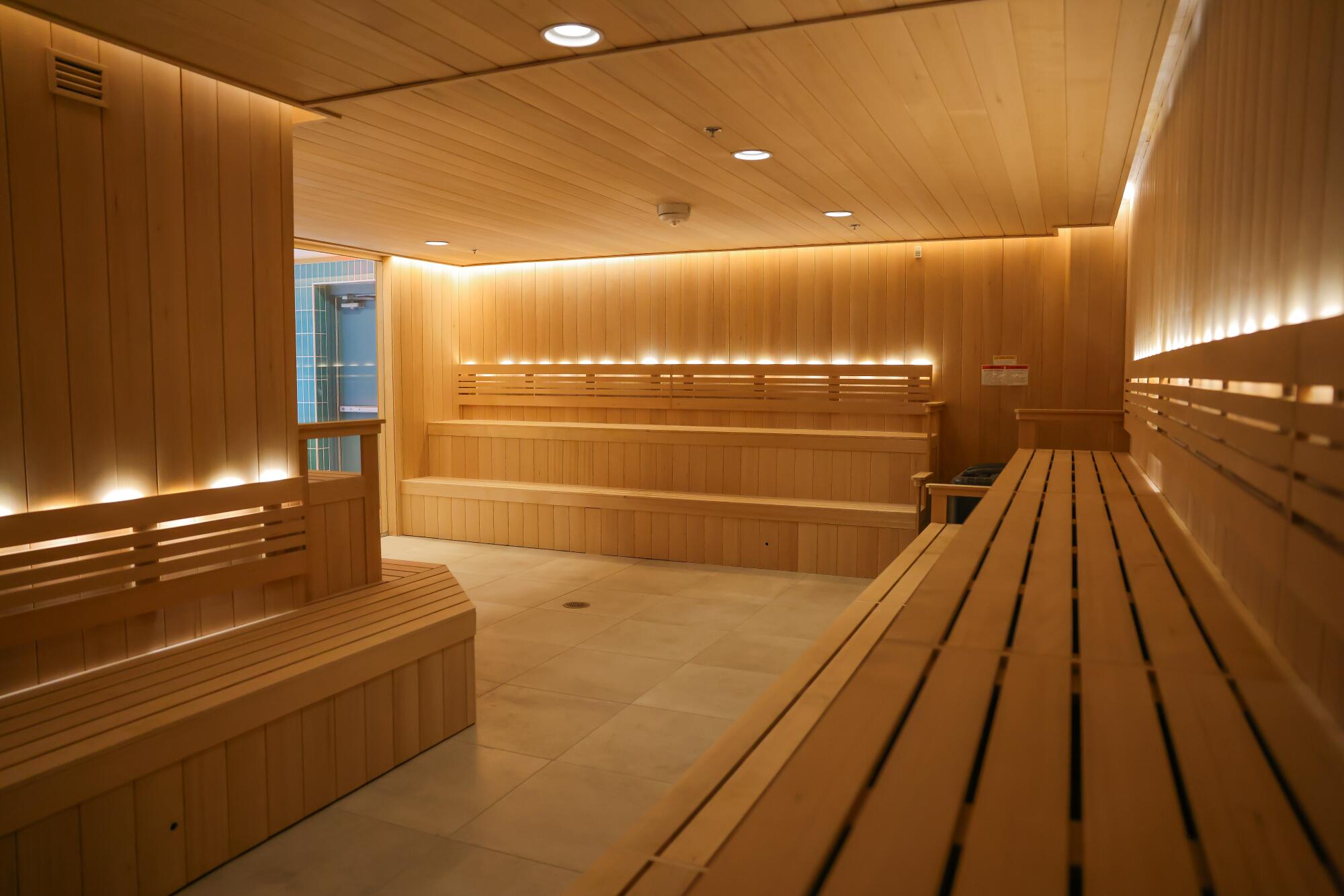 Love.Life's spacious hemlock wood sauna in the spa.