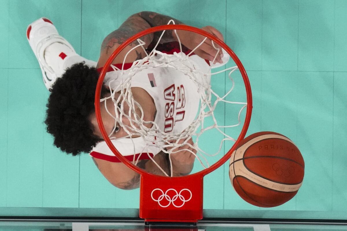 American Brittney Griner watches the ball during a semifinal game against Australia at the 2024 Summer Olympics Friday