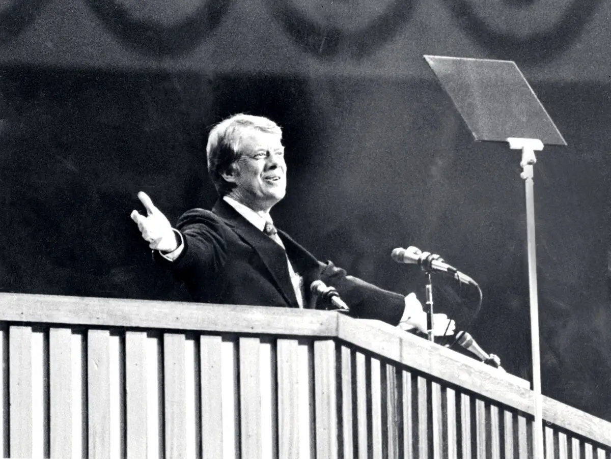 Democratic presidential candidate Jimmy Carter during the Democratic National Convention in New York City in June 1976. (Str/Lehtikuva/AFP via Getty Images)