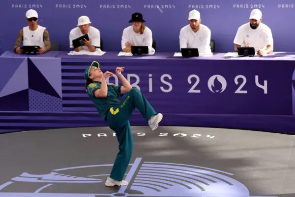 B-Girl Raygun of Team Australia competes during the B-Girls Round Robin Group B on day fourteen of the Olympic Games Paris 2024 at Place de la Concorde on Aug. 9, 2024. (Ezra Shaw/Getty Images)