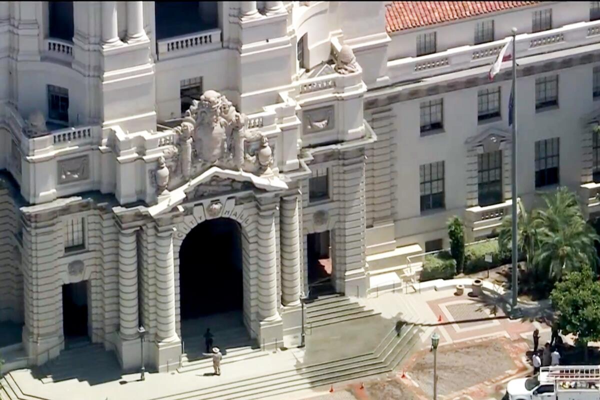 Pasadena City Hall has water leaking from the building after an earthquake Monday.