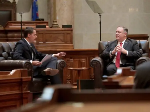 Secretary of State Mike Pompeo (right) listens to a question from Wisconsin Senate President Roger Roth (R-Appleton) during a question and answer session with state Republican legislators in the Senate chamber of the Wisconsin State Capitol in Madison, Wis. on Sept. 23, 2020. (John Hart/Wisconsin State Journal via AP)