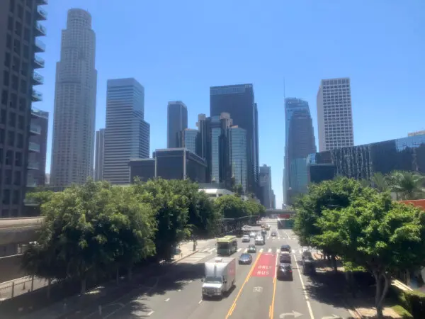 Traffic moves along in downtown Los Angeles on Aug. 12, 2024, after an earthquake struck the Los Angeles area. (John Antczak/AP Photo)