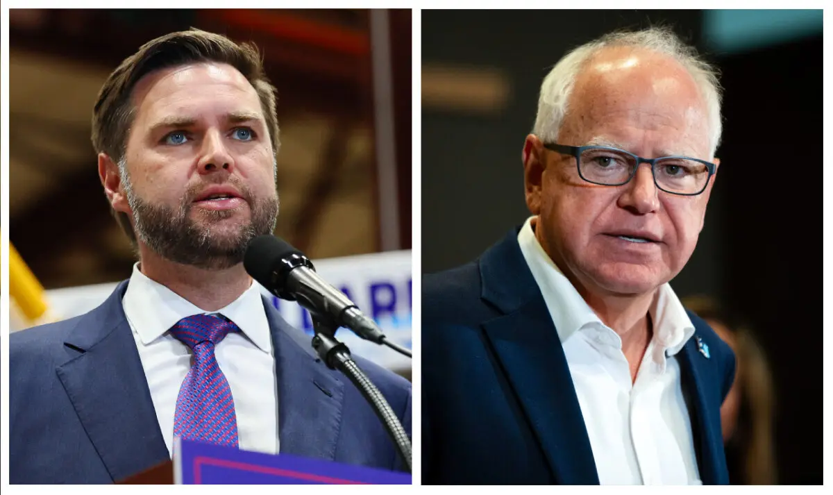 (Left) Republican vice presidential candidate Sen. JD Vance (R-Ohio) speaks in Eau Claire, Wis., on Aug. 7, 2024. (Right) Minnesota Gov. Tim Walz in Bloomington, Minn., on Aug. 1, 2024. (Adam Bettcher/Stephen Maturen/Getty Images)